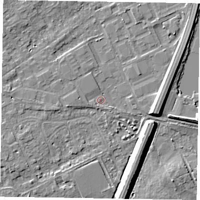Shaded relief map of the ground around SL71LS, computed from Environment Agency LiDAR. The ground here sits at about 28 m above sea level and falls 9 m across the surrounding 800 m. Surface water reaching this point runs off ground lying to the east, 6.7 m higher.