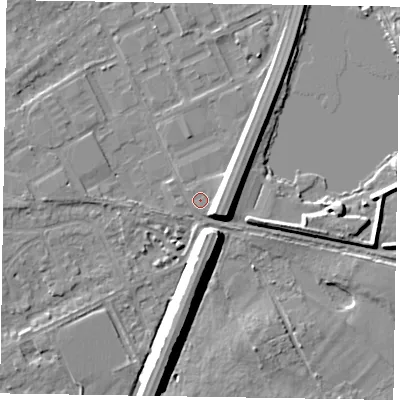 Shaded relief map of the ground around SL71LU, computed from Environment Agency LiDAR. The ground here sits at about 28 m above sea level and falls 10 m across the surrounding 800 m. Surface water reaching this point runs off ground lying to the east-south-east, 6.1 m higher.
