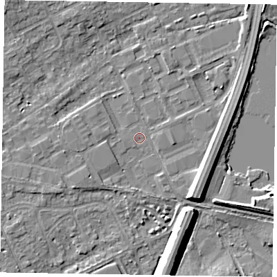 Shaded relief map of the ground around SL71LW, computed from Environment Agency LiDAR. The ground here sits at about 27 m above sea level and falls 9 m across the surrounding 800 m. Surface water reaching this point runs off ground lying to the south-east, 7.3 m higher.