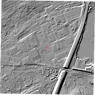 Shaded relief map of the ground around SL71NA, computed from Environment Agency LiDAR. The ground here sits at about 27 m above sea level and falls 9 m across the surrounding 800 m. Surface water reaching this point runs off ground lying to the south-east, 7.3 m higher.