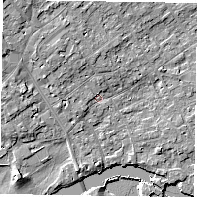 Shaded relief map of the ground around SL71ND, computed from Environment Agency LiDAR. The ground here sits at about 29 m above sea level and falls 11 m across the surrounding 800 m. Surface water reaching this point runs off ground lying to the north-west, 4.6 m higher.