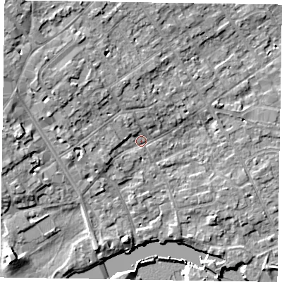Shaded relief map of the ground around SL71NE, computed from Environment Agency LiDAR. The ground here sits at about 29 m above sea level and falls 10 m across the surrounding 800 m. Surface water reaching this point runs off ground lying to the north-west, 4.8 m higher.