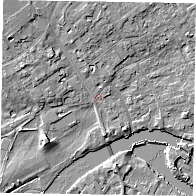 Shaded relief map of the ground around SL71NF, computed from Environment Agency LiDAR. The ground here sits at about 29 m above sea level and falls 11 m across the surrounding 800 m. Surface water reaching this point runs off ground lying to the north-west, 6.7 m higher.