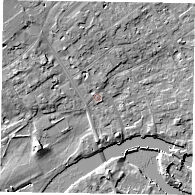 Shaded relief map of the ground around SL71NG, computed from Environment Agency LiDAR. The ground here sits at about 30 m above sea level and falls 11 m across the surrounding 800 m. Surface water reaching this point runs off ground lying to the north, 1.0 m higher.