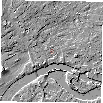 Shaded relief map of the ground around SL71NH, computed from Environment Agency LiDAR. The ground here sits at about 29 m above sea level and falls 9 m across the surrounding 800 m. Surface water reaching this point runs off ground lying to the west-north-west, 1.0 m higher.
