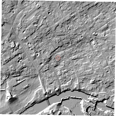 Shaded relief map of the ground around SL71NJ, computed from Environment Agency LiDAR. The ground here sits at about 29 m above sea level and falls 10 m across the surrounding 800 m. Surface water reaching this point runs off ground lying to the south-west, 0.8 m higher.