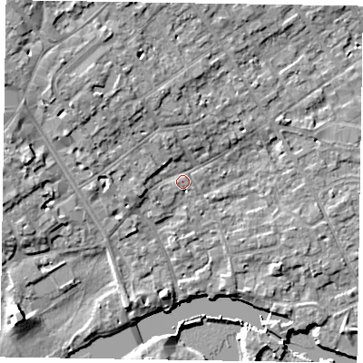 Shaded relief map of the ground around SL71NL, computed from Environment Agency LiDAR. The ground here sits at about 29 m above sea level and falls 10 m across the surrounding 800 m. Surface water reaching this point runs off ground lying to the north-west, 4.7 m higher.