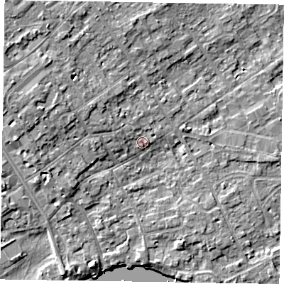 Shaded relief map of the ground around SL71NN, computed from Environment Agency LiDAR. The ground here sits at about 29 m above sea level and falls 8 m across the surrounding 800 m. Surface water reaching this point runs off ground lying to the west-north-west, 1.1 m higher.