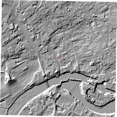 Shaded relief map of the ground around SL71NQ, computed from Environment Agency LiDAR. The ground here sits at about 28 m above sea level and falls 10 m across the surrounding 800 m. Surface water reaching this point runs off ground lying to the north-north-west, 2.9 m higher.