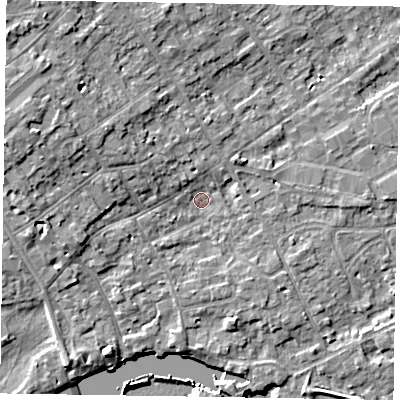 Shaded relief map of the ground around SL71NR, computed from Environment Agency LiDAR. The ground here sits at about 28 m above sea level and falls 9 m across the surrounding 800 m. Surface water reaching this point runs off ground lying to the west-north-west, 5.6 m higher.