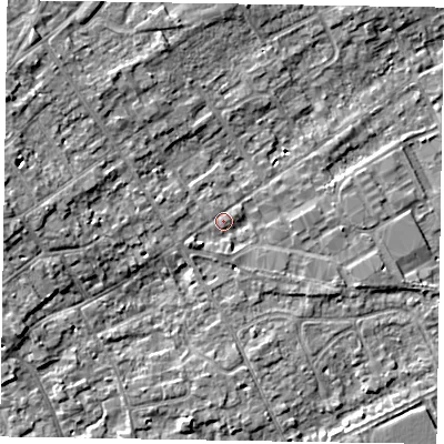 Shaded relief map of the ground around SL71NS, computed from Environment Agency LiDAR. The ground here sits at about 29 m above sea level and falls 6 m across the surrounding 800 m. Surface water reaching this point runs off ground lying to the west, 4.0 m higher.