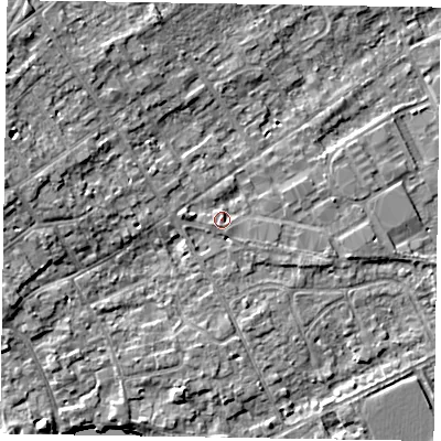 Shaded relief map of the ground around SL71NT, computed from Environment Agency LiDAR. The ground here sits at about 29 m above sea level and falls 7 m across the surrounding 800 m. Surface water reaching this point runs off ground lying to the west, 1.9 m higher.