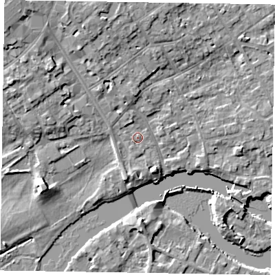 Shaded relief map of the ground around SL71NU, computed from Environment Agency LiDAR. The ground here sits at about 29 m above sea level and falls 10 m across the surrounding 800 m. Surface water reaching this point runs off ground lying to the north-north-west, 1.6 m higher.