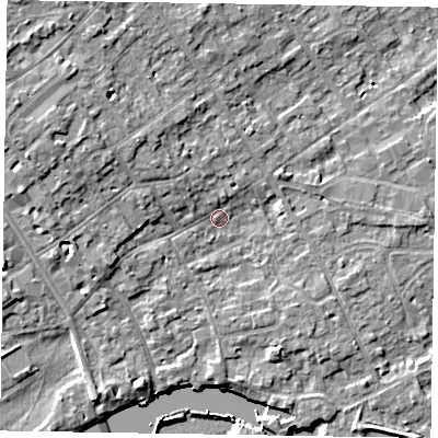 Shaded relief map of the ground around SL71NW, computed from Environment Agency LiDAR. The ground here sits at about 28 m above sea level and falls 9 m across the surrounding 800 m. Surface water reaching this point runs off ground lying to the west-north-west, 5.6 m higher.