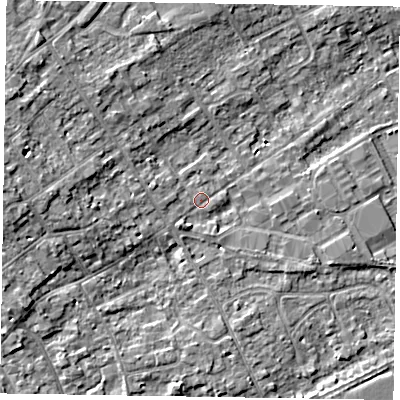Shaded relief map of the ground around SL71NX, computed from Environment Agency LiDAR. The ground here sits at about 29 m above sea level and falls 6 m across the surrounding 800 m. Surface water reaching this point runs off ground lying to the west, 4.0 m higher.