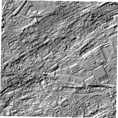Shaded relief map of the ground around SL71PA, computed from Environment Agency LiDAR. The ground here sits at about 28 m above sea level and falls 6 m across the surrounding 800 m. Surface water reaching this point runs off ground lying to the west-north-west, 4.6 m higher.