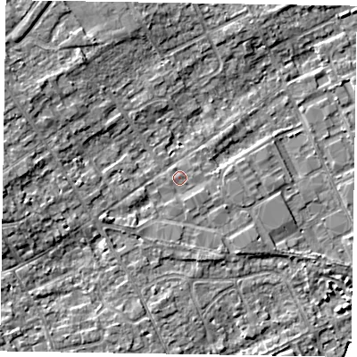Shaded relief map of the ground around SL71PB, computed from Environment Agency LiDAR. The ground here sits at about 28 m above sea level and falls 6 m across the surrounding 800 m. Surface water reaching this point runs off ground lying to the west-south-west, 1.9 m higher.