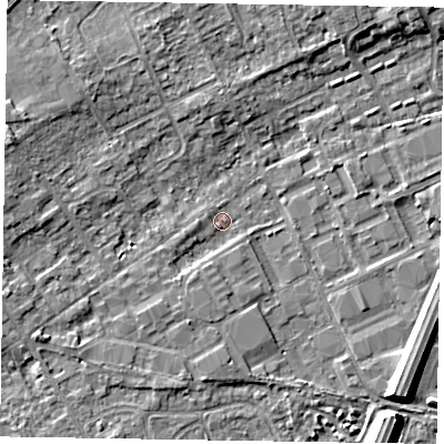 Shaded relief map of the ground around SL71PE, computed from Environment Agency LiDAR. The ground here sits at about 27 m above sea level and falls 8 m across the surrounding 800 m. Surface water reaching this point runs off ground lying to the south-east, 6.9 m higher.