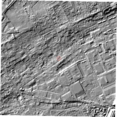 Shaded relief map of the ground around SL71PG, computed from Environment Agency LiDAR. The ground here sits at about 28 m above sea level and falls 8 m across the surrounding 800 m. Surface water reaching this point runs off ground lying to the south-south-east, 0.9 m higher.