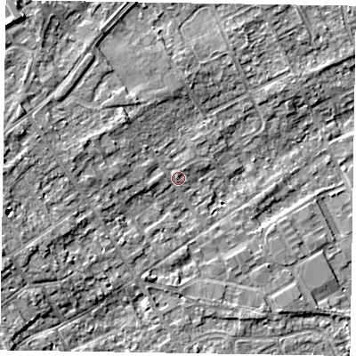 Shaded relief map of the ground around SL71PH, computed from Environment Agency LiDAR. The ground here sits at about 29 m above sea level and falls 7 m across the surrounding 800 m. Surface water reaching this point runs off ground lying to the west-north-west, 2.8 m higher.