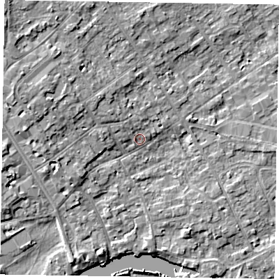 Shaded relief map of the ground around SL71PJ, computed from Environment Agency LiDAR. The ground here sits at about 29 m above sea level and falls 10 m across the surrounding 800 m. Surface water reaching this point runs off ground lying to the west-north-west, 5.6 m higher.