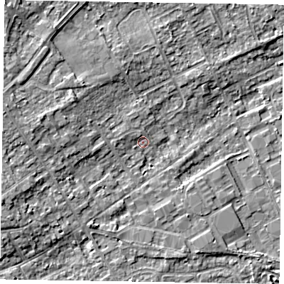 Shaded relief map of the ground around SL71PL, computed from Environment Agency LiDAR. The ground here sits at about 28 m above sea level and falls 6 m across the surrounding 800 m. Surface water reaching this point runs off ground lying to the west-north-west, 1.4 m higher.