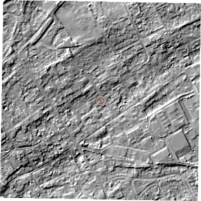Shaded relief map of the ground around SL71PQ, computed from Environment Agency LiDAR. The ground here sits at about 28 m above sea level and falls 7 m across the surrounding 800 m. Surface water reaching this point runs off ground lying to the west, 4.8 m higher.