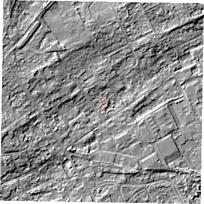 Shaded relief map of the ground around SL71PR, computed from Environment Agency LiDAR. The ground here sits at about 28 m above sea level and falls 6 m across the surrounding 800 m. Surface water reaching this point runs off ground lying to the west-north-west, 3.6 m higher.