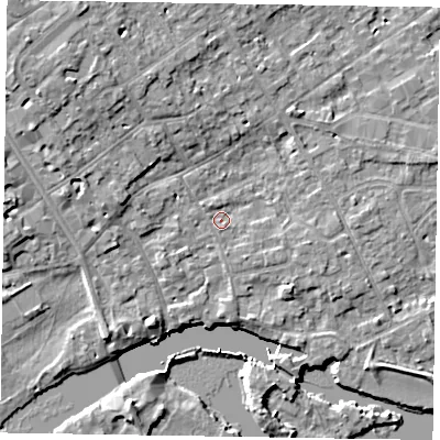 Shaded relief map of the ground around SL71PX, computed from Environment Agency LiDAR. The ground here sits at about 28 m above sea level and falls 9 m across the surrounding 800 m. Surface water reaching this point runs off ground lying to the north-west, 5.6 m higher.