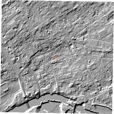 Shaded relief map of the ground around SL71PY, computed from Environment Agency LiDAR. The ground here sits at about 28 m above sea level and falls 9 m across the surrounding 800 m. Surface water reaching this point runs off ground lying to the west-south-west, 1.7 m higher.