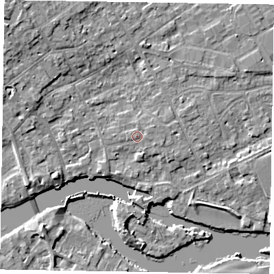 Shaded relief map of the ground around SL71PZ, computed from Environment Agency LiDAR. The ground here sits at about 29 m above sea level and falls 9 m across the surrounding 800 m. Surface water reaching this point runs off ground lying to the east-north-east, 0.9 m higher.