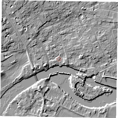 Shaded relief map of the ground around SL71QA, computed from Environment Agency LiDAR. The ground here sits at about 28 m above sea level and falls 9 m across the surrounding 800 m. Surface water reaching this point runs off ground lying to the north-west, 5.6 m higher.