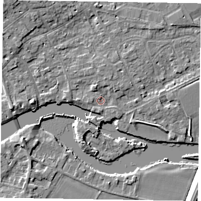 Shaded relief map of the ground around SL71QB, computed from Environment Agency LiDAR. The ground here sits at about 27 m above sea level and falls 10 m across the surrounding 800 m. Surface water reaching this point runs off ground lying to the north-north-west, 2.1 m higher.