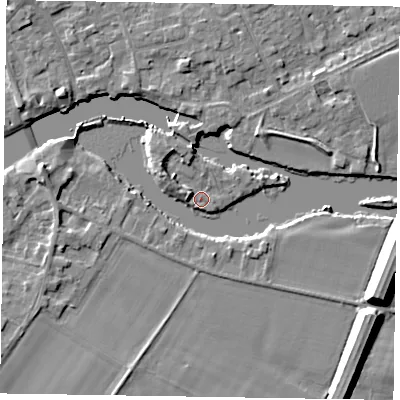 Shaded relief map of the ground around SL71QE, computed from Environment Agency LiDAR. The ground here sits at about 27 m above sea level and falls 10 m across the surrounding 800 m. Surface water reaching this point runs off ground lying to the north-north-west, 3.1 m higher.