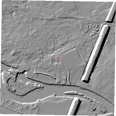Shaded relief map of the ground around SL71QF, computed from Environment Agency LiDAR. The ground here sits at about 29 m above sea level and falls 10 m across the surrounding 800 m. Surface water reaching this point runs off ground lying to the west-south-west, 1.5 m higher.