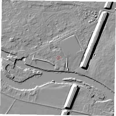 Shaded relief map of the ground around SL71QG, computed from Environment Agency LiDAR. The ground here sits at about 28 m above sea level and falls 10 m across the surrounding 800 m. Surface water reaching this point runs off ground lying to the north-north-east, 1.3 m higher.