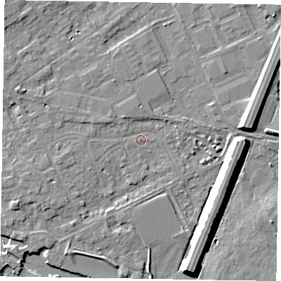 Shaded relief map of the ground around SL71QH, computed from Environment Agency LiDAR. The ground here sits at about 28 m above sea level and falls 10 m across the surrounding 800 m. Surface water reaching this point runs off ground lying to the west-north-west, 2.7 m higher.