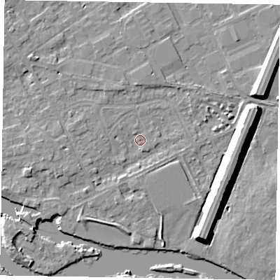 Shaded relief map of the ground around SL71QJ, computed from Environment Agency LiDAR. The ground here sits at about 28 m above sea level and falls 10 m across the surrounding 800 m. Surface water reaching this point runs off ground lying to the north-west, 2.7 m higher.