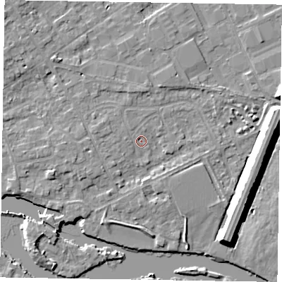Shaded relief map of the ground around SL71QL, computed from Environment Agency LiDAR. The ground here sits at about 28 m above sea level and falls 10 m across the surrounding 800 m. Surface water reaching this point runs off ground lying to the north-west, 3.0 m higher.