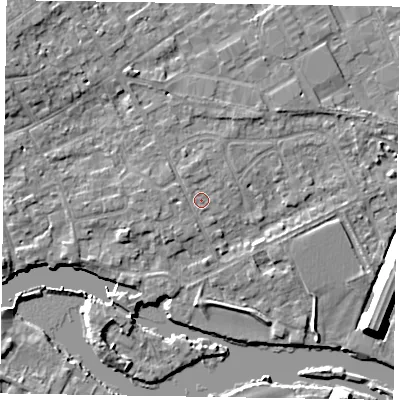 Shaded relief map of the ground around SL71QN, computed from Environment Agency LiDAR. The ground here sits at about 28 m above sea level and falls 11 m across the surrounding 800 m. Surface water reaching this point runs off ground lying to the west, 1.3 m higher.