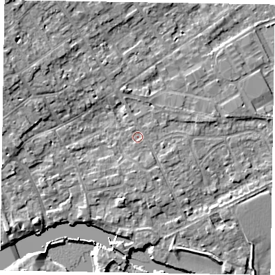 Shaded relief map of the ground around SL71QP, computed from Environment Agency LiDAR. The ground here sits at about 28 m above sea level and falls 8 m across the surrounding 800 m. Surface water reaching this point runs off ground lying to the south, 1.4 m higher.