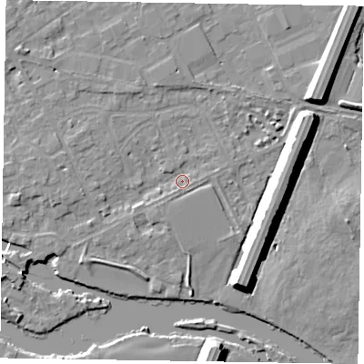 Shaded relief map of the ground around SL71QQ, computed from Environment Agency LiDAR. The ground here sits at about 27 m above sea level and falls 10 m across the surrounding 800 m. Surface water reaching this point runs off ground lying to the south-west, 1.3 m higher.