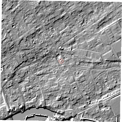 Shaded relief map of the ground around SL71QR, computed from Environment Agency LiDAR. The ground here sits at about 28 m above sea level and falls 9 m across the surrounding 800 m. Surface water reaching this point runs off ground lying to the west-north-west, 5.3 m higher.