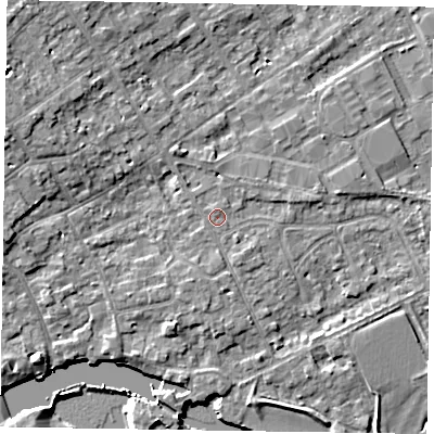 Shaded relief map of the ground around SL71QS, computed from Environment Agency LiDAR. The ground here sits at about 29 m above sea level and falls 8 m across the surrounding 800 m. Surface water reaching this point runs off ground lying to the south-east, 1.1 m higher.