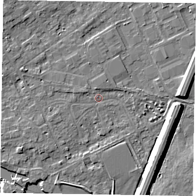 Shaded relief map of the ground around SL71QT, computed from Environment Agency LiDAR. The ground here sits at about 28 m above sea level and falls 10 m across the surrounding 800 m. Surface water reaching this point runs off ground lying to the west-north-west, 1.5 m higher.
