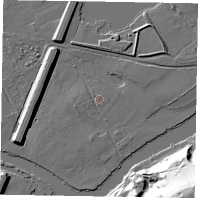 Shaded relief map of the ground around SL71QU, computed from Environment Agency LiDAR. The ground here sits at about 28 m above sea level and falls 72 m across the surrounding 800 m. Surface water reaching this point runs off ground lying to the west-south-west, 1.4 m higher.
