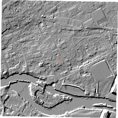 Shaded relief map of the ground around SL71QW, computed from Environment Agency LiDAR. The ground here sits at about 29 m above sea level and falls 11 m across the surrounding 800 m. Surface water reaching this point runs off ground lying to the west-north-west, 1.3 m higher.