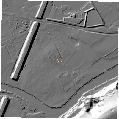 Shaded relief map of the ground around SL71QX, computed from Environment Agency LiDAR. The ground here sits at about 27 m above sea level and falls 72 m across the surrounding 800 m. Surface water reaching this point runs off ground lying to the west, 2.4 m higher.