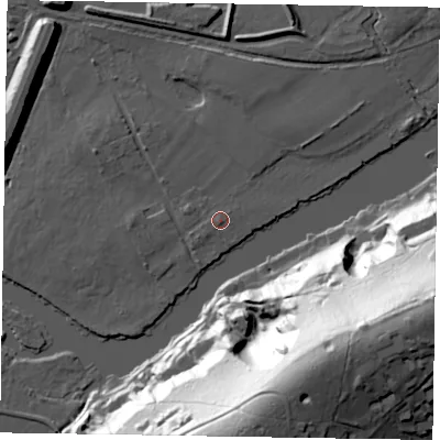 Shaded relief map of the ground around SL71QY, computed from Environment Agency LiDAR. The ground here sits at about 27 m above sea level and falls 72 m across the surrounding 800 m. Surface water reaching this point runs off ground lying to the west-north-west, 1.1 m higher.