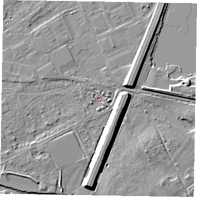 Shaded relief map of the ground around SL71QZ, computed from Environment Agency LiDAR. The ground here sits at about 27 m above sea level and falls 10 m across the surrounding 800 m. Surface water reaching this point runs off ground lying to the west-north-west, 2.4 m higher.